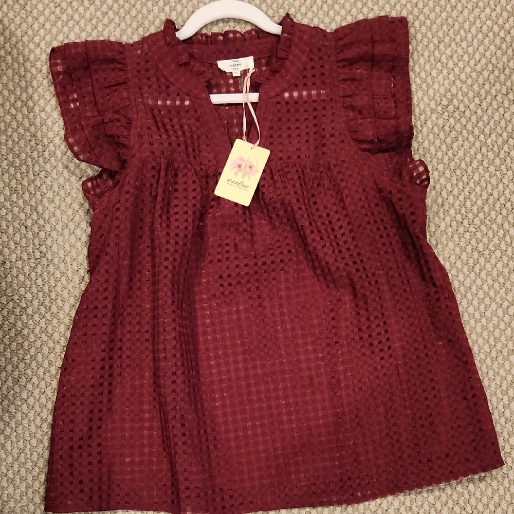 Entro Maroon Sleeveless Ruffled windowpane Blouse sz Med NWT Texas A&M GameDay